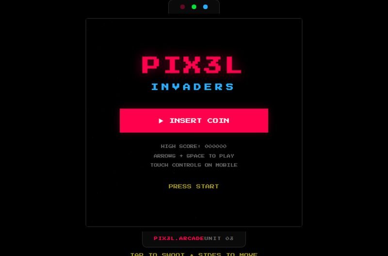 PIX3L Invaders space shooter title screen